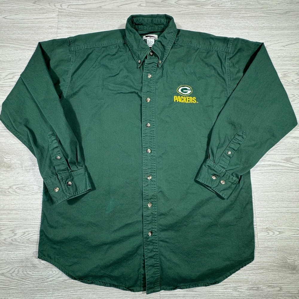 Pro Elite Men's Button Down Shirt Green‎ Bay Packers Green Large Cotton Twill